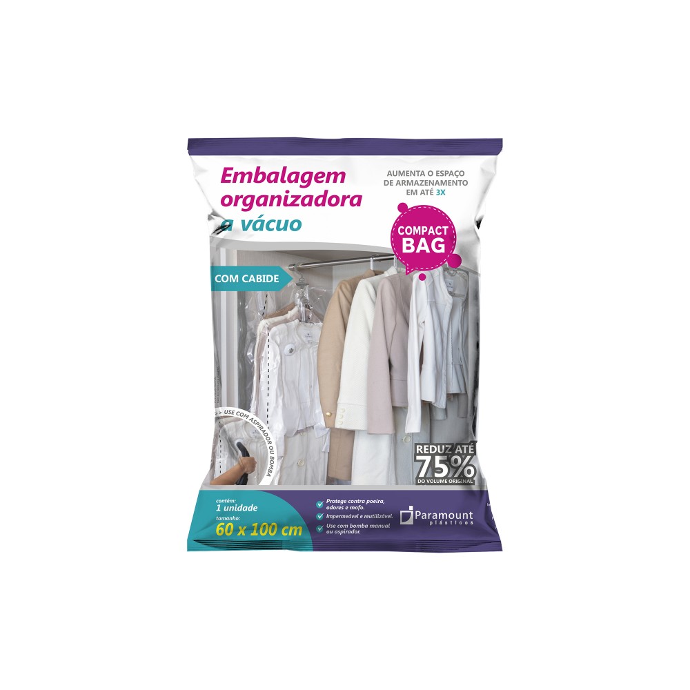 Saco à Vácuo Embalar Roupas com 1 Cabide Paramount Compact Bag - 60x100cm