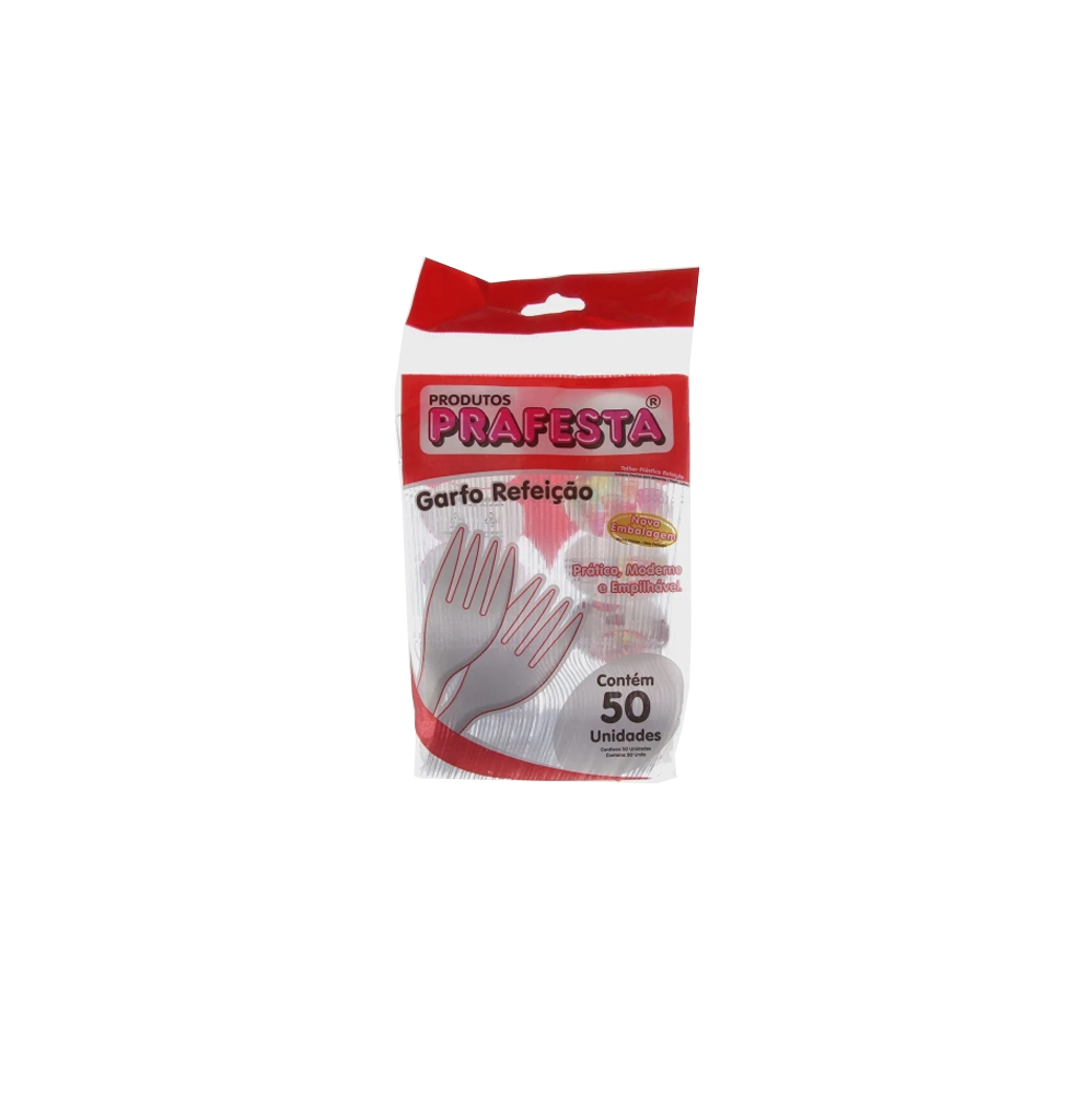 Garfo Descartável Refeição Cristal Prafesta com 50 unid.