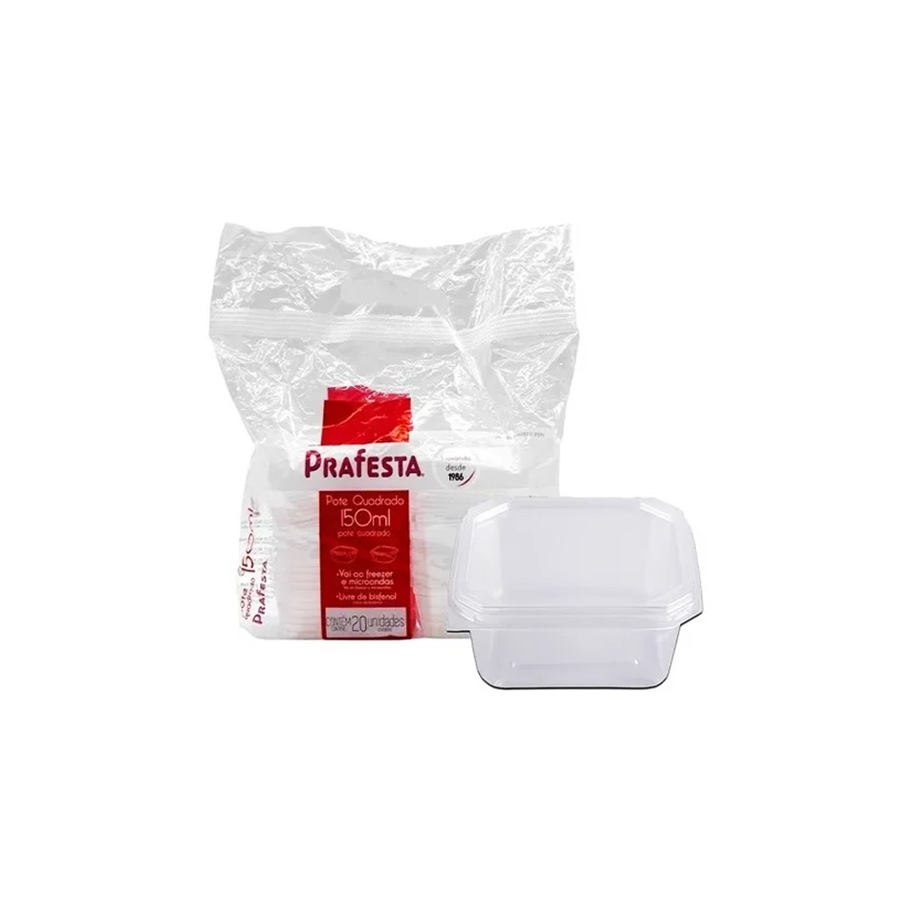 Pote Plástico Descartável Quadrado com Tampa 150mL Prafesta com 20 unid.