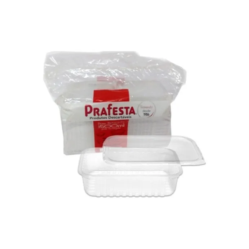 Pote Plástico Descartável Retangular com Tampa 1500mL Prafesta com 10 unid.