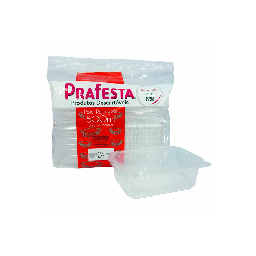 Pote Plástico Descartável Retangular com Tampa 500mL Prafesta com 24 unid.