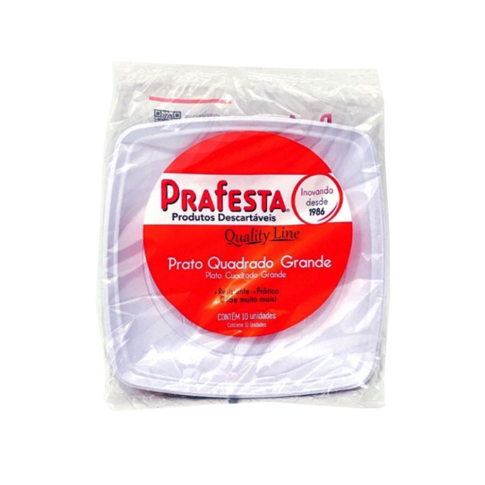 Prato Descartável Quadrado Grande 21cm Branco Prafesta com 10 unid.