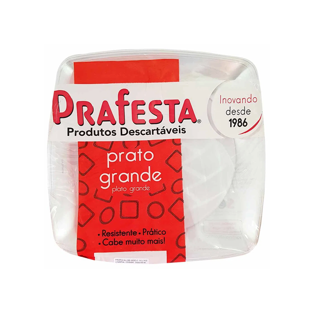 Prato Descartável Quadrado Grande 21cm Cristal Prafesta com 10 unid.