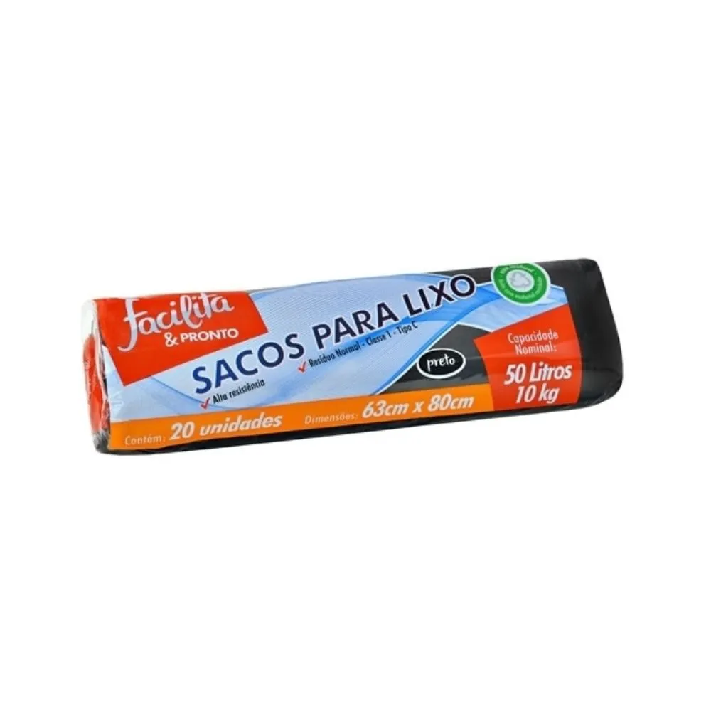 Saco de Lixo 50L Preto Facilita com 20 unid.