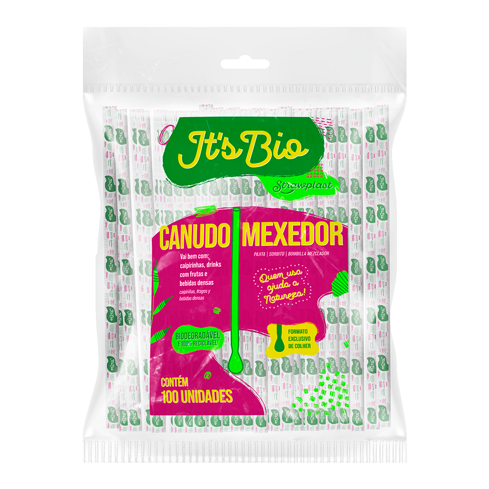 Canudo Biodegradável Mexedor Strawplast 6,5mm com 100 unid.