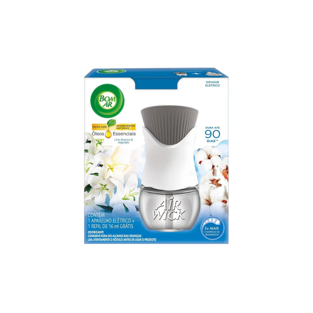 Difusor Elétrico Bom Ar Lírio Branco e Algodão Aparelho + Refil 16mL 