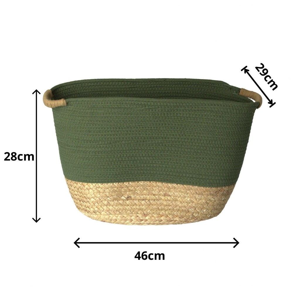 Cesto de Fibra Natural e Algodão com Alça 46x29x28cm Verde Esmeralda