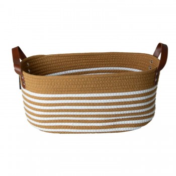 Cesto de Algodão com Alça 38x22x17cm Mocca e Listra Branca