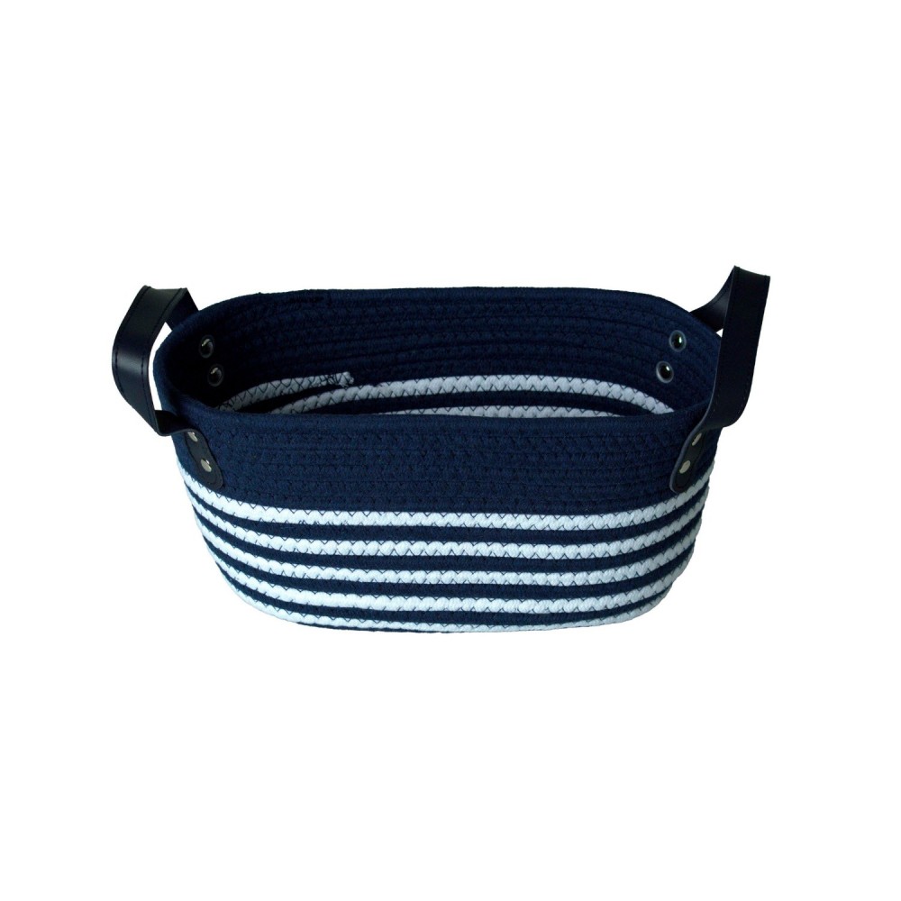 Cesto de Algodão com Alça 30x19x15cm Azul Naval e Listra Branca
