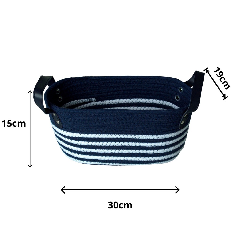 Cesto de Algodão com Alça 30x19x15cm Azul Naval e Listra Branca