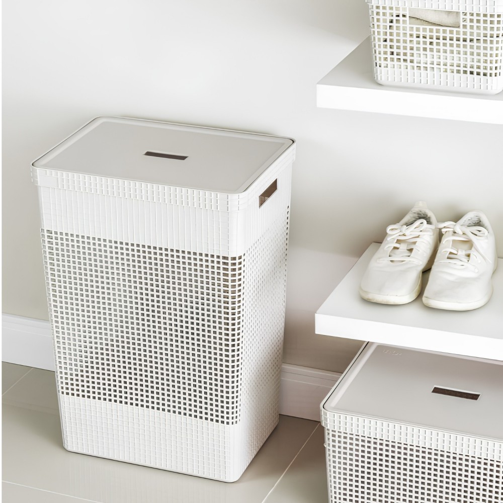Cesto de Roupas com Tampa <Ou> 49L Com Tampa Grid Bege