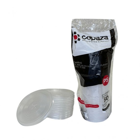 Tampa para Copo Plástico Descartável com Furo 300/330mL Copaza com 50 unid. Tampa para Copo Plástico Descartável com Furo 300/330mL Copaza com 50 unid.