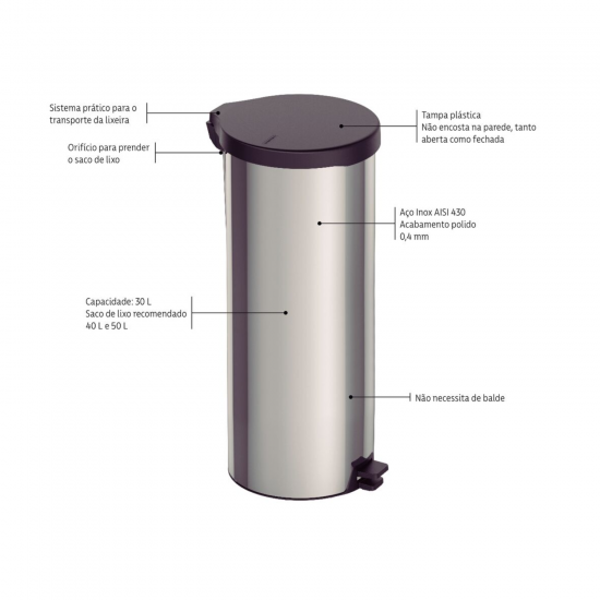 Lixeira Inox com Pedal 30L Tramontina Tampa Preta
